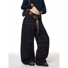 批发美式新风格明线缝制设计感弯刀牛仔裤男女宽松<b class='q'>休闲</b>baggy阔腿长裤