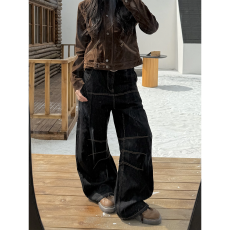 批发复古新风格阔腿明线设计牛仔裤男女秋新款美式辣妹显瘦弯刀<b class='q'>休闲</b>裤