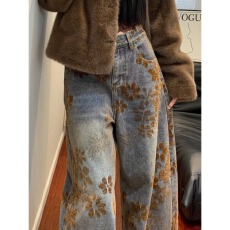 批发高质量原版植绒提花】春秋沐森牛仔裤男<b class='q'>女</b>刺绣<b class='q'>休闲裤</b>时尚简约长裤