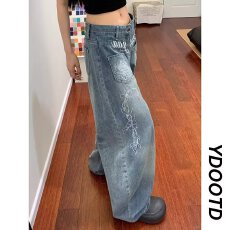 批发直筒高街汇重工设计感牛仔裤子<b class='q'>女</b>春秋辣妹字母烫钻阔腿休闲拖地裤