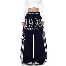 批发春秋美式街舞运动风<b class='q'>休闲裤</b><b class='q'>男</b>女宽松直筒双腰头拼接条纹阔腿长裤