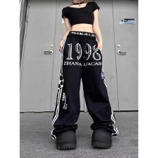 批发美式复古双腰头运动裤卫裤<b class='q'>男</b>女春秋宽松阔腿设计休闲百搭拖地长裤