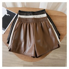 批发pu皮南大街短裤女春秋2025高腰宽松显瘦阔腿裤外穿秋冬a字皮裤