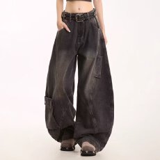 批发日系淘潮复古水洗做旧弯刀<b class='q'>牛仔裤</b>男<b class='q'>女生</b>宽松直筒休闲阔腿拖地裤潮