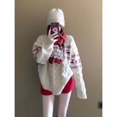 批发2025正色复古麻花设计感红色圆领毛衣女秋冬宽松<b class='q'>情侣装</b>打底针织<b class='q'>衫</b>