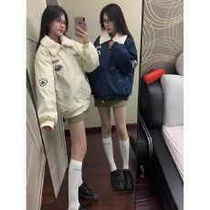 批发高街广马羊羔绒拼接加厚棉服男女秋冬棉衣百搭宽松棒球服外套上衣