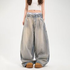 批发原版质量褶皱淘优水洗直筒<b class='q'>牛仔裤</b><b class='q'>女</b>慵懒风宽松阔腿情侣拖地裤子