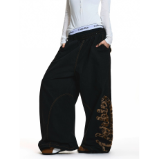 批发美式雀斑辣妹豹纹拼接小众设计感<b class='q'>牛仔裤</b><b class='q'>女</b>新款宽松阔腿拖地长裤子