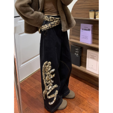 批发美式雀斑小众设计感豹纹刺绣<b class='q'>牛仔裤</b><b class='q'>女</b>复古宽松bf慵懒风阔腿拖地裤