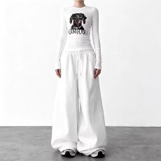 批发纯棉复合原版折痕】阔腿37运动裤女春秋高腰宽松香蕉休闲卫长<b class='q'>裤子</b>