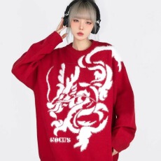 批发【 鹿毛绒新款几何红色毛衣国潮宽松情侣针织衫外套圆领撞色小众