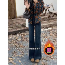 批发加绒<b class='q'>牛仔裤</b>做旧太牛<b class='q'>微喇</b>女高腰显瘦弹力阔腿喇叭裤拖地长裤