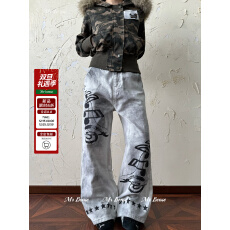 批发美式新风格复古做旧脏染音符印花<b class='q'>牛仔裤</b>女男秋宽松小众设计阔腿裤