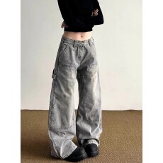 批发美式复古水洗脏染工装<b class='q'>牛仔裤</b>男女春秋高街宽松显瘦垂感阔腿拖地裤