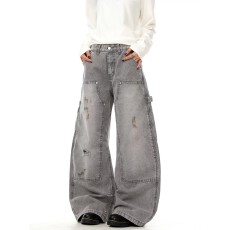 批发美式复古解构廓形做旧弯刀工装<b class='q'>牛仔裤</b>男女春秋宽松脏染伐木裤子