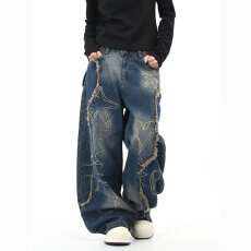 批发美式巴鲁米高街解构流苏破洞牛仔裤男女复古做旧大口袋拖地裤