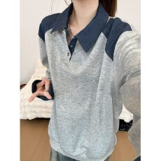 批发翻领发财拼接卫衣<b class='q'>POLO</b><b class='q'>衫</b><b class='q'>男</b>女春秋季穿搭痞帅设计感长袖上衣打底<b class='q'>衫</b>