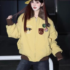 批发秋冬简风翻领休闲户外工装<b class='q'>夹克</b>男<b class='q'>女</b>青年潮牌贴布刺绣痞帅棒球服