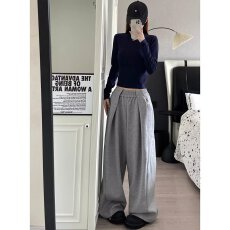 批发【空气层双褶皱抽绳卫裤M4春季新款显瘦阔腿裤大码松弛感运动