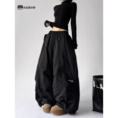 批发【塔斯隆复合网】松紧腰新视觉工装裤女春秋宽松皱褶口袋休闲裤子