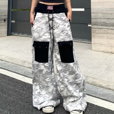 批发美式高街印花扎染垂感阔腿牛仔裤<b class='q'>女</b>春秋高腰休闲宽松显瘦拖地<b class='q'>长裤</b>