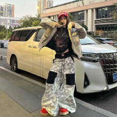 批发美式高街扎染印花休闲阔腿裤<b class='q'>女</b>新款宽松显瘦垂感高腰拖地牛仔<b class='q'>长裤</b>