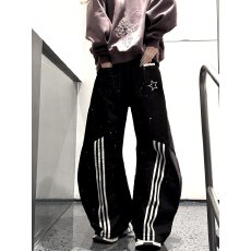 批发韩版新风格宽松泼墨三条杠设计感弯刀牛仔裤<b class='q'>男</b>女春原牛色阔脚<b class='q'>裤子</b>