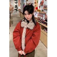 批发座山雕棉衣原版质量刺绣新年SEC肌理感工装毛领拼接棉服外套女