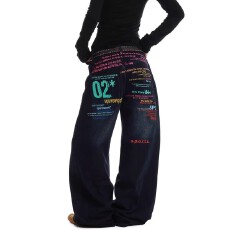 批发美式高街辣妹彩色字母微喇牛仔裤男女春季宽松休闲直筒阔腿裤嘻哈