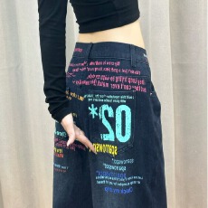 印花牛仔裤女牛仔很忙街头辣妹宽松显瘦直筒阔腿拖地长裤情侣潮