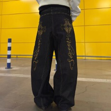 批发2026十八先生春秋高腰图案设计男女同款阔腿直筒刺绣纹理<b class='q'>牛仔裤</b>子