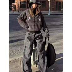 批发高质量380g】红星独角兽刺绣<b class='q'>拉链</b>连帽<b class='q'>卫衣</b>女春秋条纹休闲短宽外套