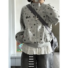 批发胶印320克】星星上上签满印立领开衫<b class='q'>卫衣</b>女春秋宽松<b class='q'>拉链</b>外套上衣