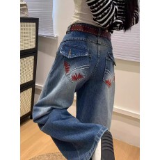 批发复古蓝刺绣<b class='q'>钉珠</b><b class='q'>牛仔裤</b>女春季新款大码胖mm梨型身材宽松显瘦阔腿裤