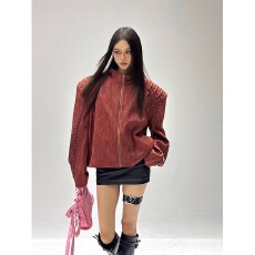 批发【铆钉纹理PU<b class='q'>皮衣</b>】红色前言日记宽松立领垫肩夹克短外套<b class='q'>男</b>女春秋