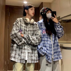 批发涤棉格布扎染工艺】<b class='q'>衬衫</b>南极牛春秋夏复古格子<b class='q'>长袖</b><b class='q'>衬衣</b>休闲衣女潮