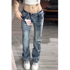 批发美式高街毛须低腰微喇<b class='q'>牛仔裤</b>女春秋新款设计感辣妹<b class='q'>弹力</b>窄版直筒裤
