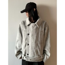 批发配送绑带】双排扣前言腰带外套女设计感<b class='q'>宽松</b>百搭立领毛呢大衣夹克