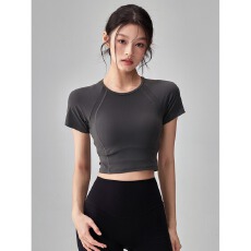 批发180克75D高弹超细绒】速干白茶玫瑰瑜伽服短袖女<b class='q'>修身</b>短款运动上衣