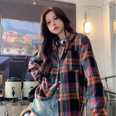 批发【格子衬衫】美式侠魁复古撞色长袖男女字母刺绣休闲衬衣情侣外套