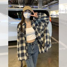 批发格子衬衫】美式侠魁撞色长袖男女字母刺绣<b class='q'>百搭</b>休闲衬衣情侣外套