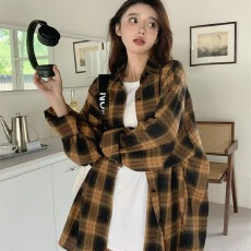 批发【格子衬衫】女春秋侠魁设计感小众中长款长袖上衣洋气宽松外套潮