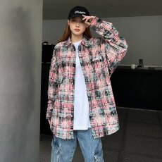 批发【格子衬衫】美式侠魁复古创意扎染长袖外套春秋男女宽松复古衬衣