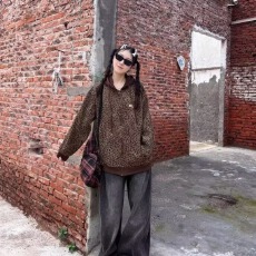 批发美式TT连帽拉链豹纹<b class='q'>开衫</b>外套女春秋季新款宽松遮肉显瘦百搭卫衣潮