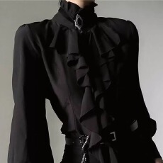 批发四面弹】法式乐盛兴复古宫廷风衬衫<b class='q'>男</b>女性中式收腰荷叶边垂感衬衣