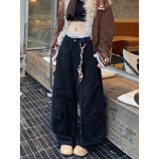 批发送<b class='q'>饰品</b>】美式高街重磅痞帅解构工装裤男女cleanfit廓形弯刀长裤春