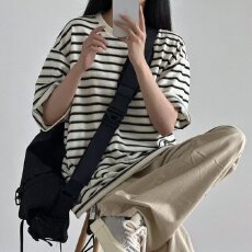 批发条纹五分袖】短袖搭配师T恤情侣2026夏季宽松半袖<b class='q'>男</b>女百搭<b class='q'>体恤</b>衫