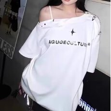 批发金属扣设计感】夏季揭潮圆领短袖T恤纯色印花<b class='q'>体恤</b>衫宽松阔版上衣