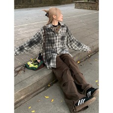 批发涤棉扎染布】格纹黑衣<b class='q'>衬衫</b>女春夏季脏染格子<b class='q'>衬衣</b>外套宽松<b class='q'>情侣</b><b class='q'>上衣</b>