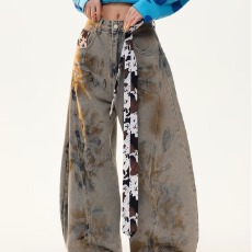 批发美式高街复古蛇纹迷彩水洗弯刀<b class='q'>牛仔裤</b>男女百搭痞帅宽松休闲阔腿裤